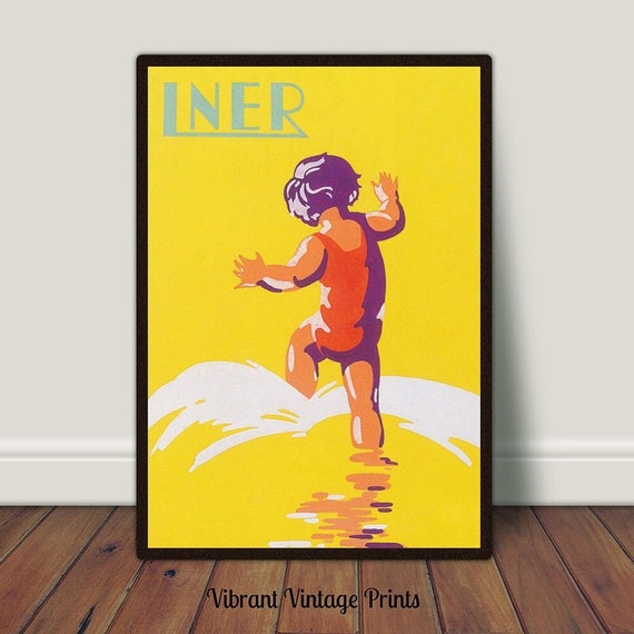 Beach Wall Art, Vintage Wall Art, Nursery Wall Decor, Colorful Wall Art, Little Girl on Beach, DIGITAL DOWNLOAD, PRINTABLE Wall Art