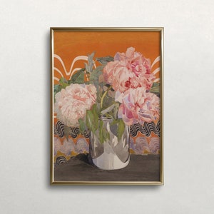 May include: A watercolor painting of pink peonies in a silver vase against a background of orange and white abstract patterns.