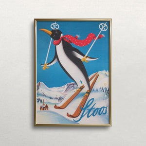 Skiing Penguin Print, Vintage Ski Poster, Switzerland Wall Art, Retro Wall Decor, DIGITAL DOWNLOAD, PRINTABLE Wall Art, Large Wall Art