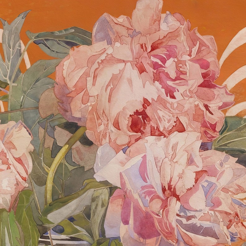 May include: A watercolor painting of pink peonies with green leaves against an orange background.