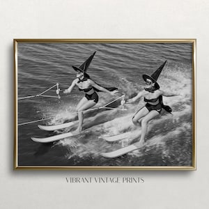 Waterskiing Witches Halloween Art: Vintage Black and White Print (Digital Download)