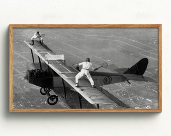 Samsung Frame TV Art, Tennis on Airplane Wings, Black and White Art, Vintage Wall Art, Tennis Wall Art, Funny Art, Digital DOWNLOAD