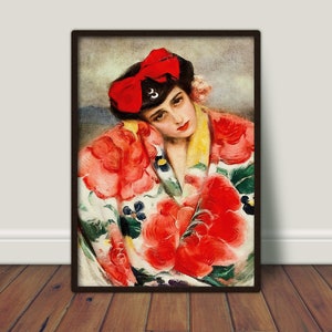 May include: A painting of a woman wearing a red and white patterned kimono with a red headband. The woman has dark hair and is looking down. The background is a light brown.