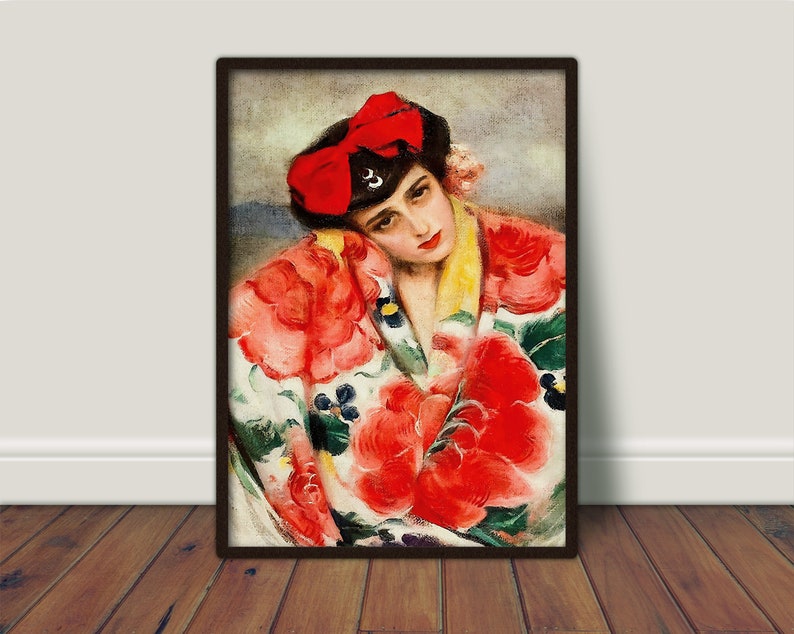 May include: A painting of a woman wearing a red and white patterned kimono with a red headband. The woman has dark hair and is looking down. The background is a light brown.