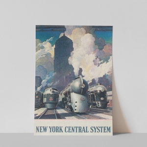 May include: A vintage poster advertising the New York Central System railroad. The poster features a stylized illustration of three silver and blue trains with steam rising from their smokestacks. The trains are in front of a tall building and a cloudy sky.