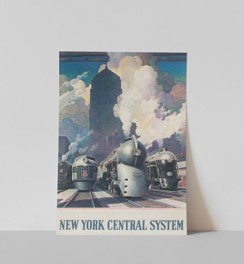 May include: A vintage poster advertising the New York Central System railroad. The poster features a stylized illustration of three silver and blue trains with steam rising from their smokestacks. The trains are in front of a tall building and a cloudy sky.