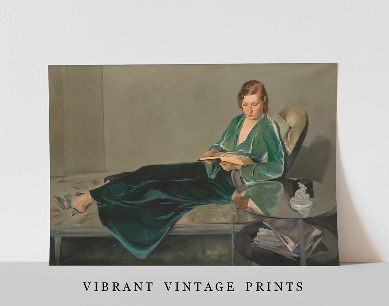 May include: A woman in a teal green robe sits on a chaise lounge and reads a book. She is wearing a pair of silver high heels. The chaise lounge is in a room with a glass-top table and a stack of books.