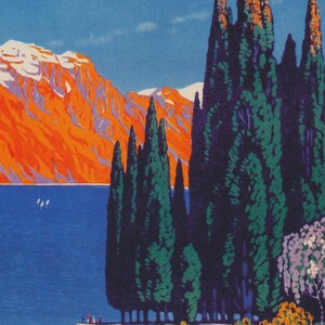 May include: A vibrant landscape painting featuring a lake, mountains, and trees. The mountains are a fiery orange with snow-capped peaks, contrasting with the deep blue water. Tall, green trees stand in the foreground under a clear blue sky.