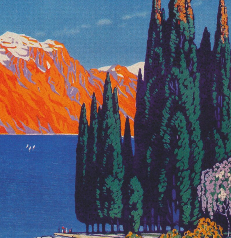 May include: A vibrant landscape painting featuring a lake, mountains, and trees. The mountains are a fiery orange with snow-capped peaks, contrasting with the deep blue water. Tall, green trees stand in the foreground under a clear blue sky.