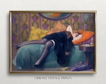 May include: A painting of a woman in a black dress lying on a bed with a green and blue patterned bedspread. The woman is wearing black stockings and a garter belt. The room is decorated with a patterned wallpaper and a small table with a glass of liquid and a cigarette.