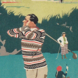 May include: A man in a striped sweater swings a golf club on a green golf course. A woman in a white shirt and plaid skirt watches from behind.