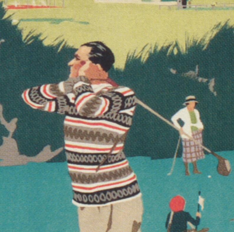 May include: A man in a striped sweater swings a golf club on a green golf course. A woman in a white shirt and plaid skirt watches from behind.