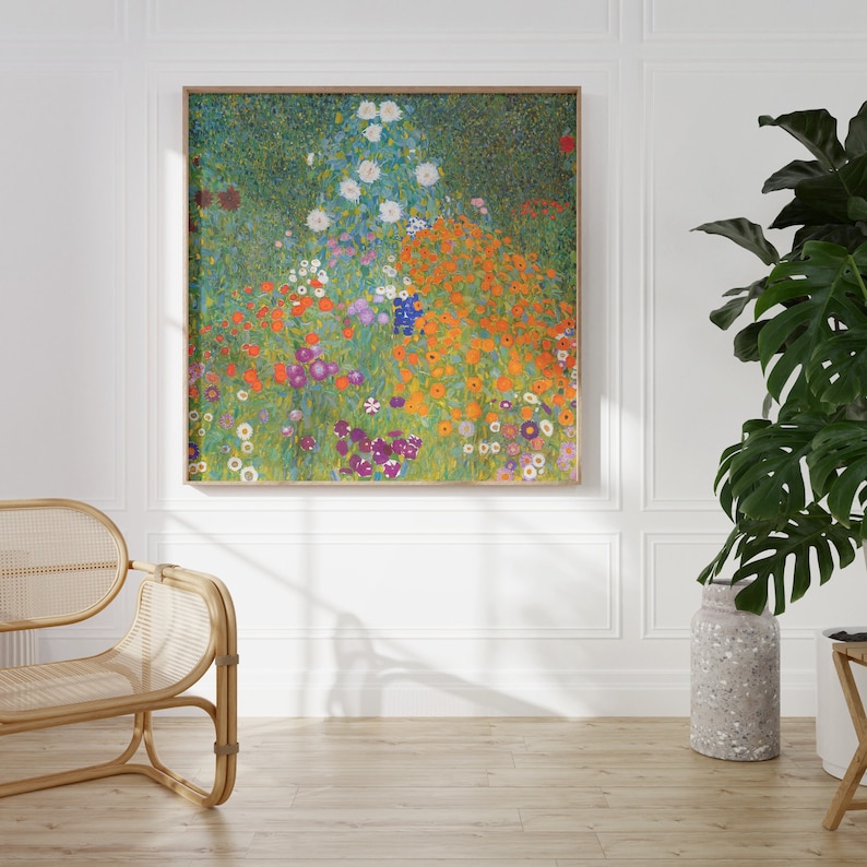 Puede incluir: Una pintura de un campo de flores de varios colores, incluyendo naranja, amarillo, blanco, morado y rosa. Las flores est&aacute;n dispuestas en un patr&oacute;n aleatorio, creando una escena vibrante y colorida.