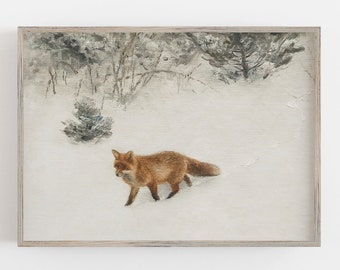 Vintage Fox in Snow Print: Antique Wall Decor, Winter Art, Digital Download