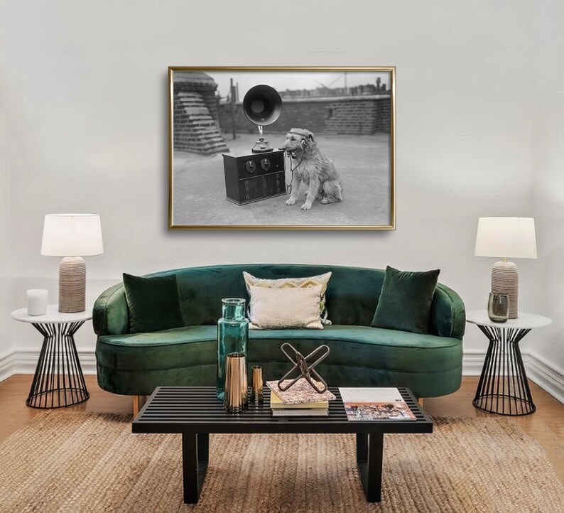 May include: Black and white framed photograph of a dog wearing headphones, sitting next to a vintage radio with a large horn speaker. The image is displayed above a green velvet sofa, with side tables and lamps on either side.