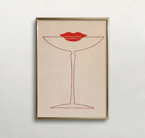 Martini Glass Red Lips Print: Minimalist Bar Cart Decor, Martini Wall Art (Digital Download)