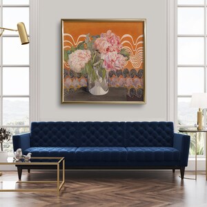 May include: A painting of pink peonies in a silver vase against a background of orange and black waves.