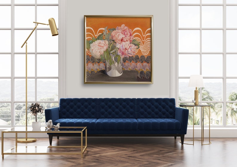 May include: A painting of pink peonies in a silver vase against a background of orange and black waves.