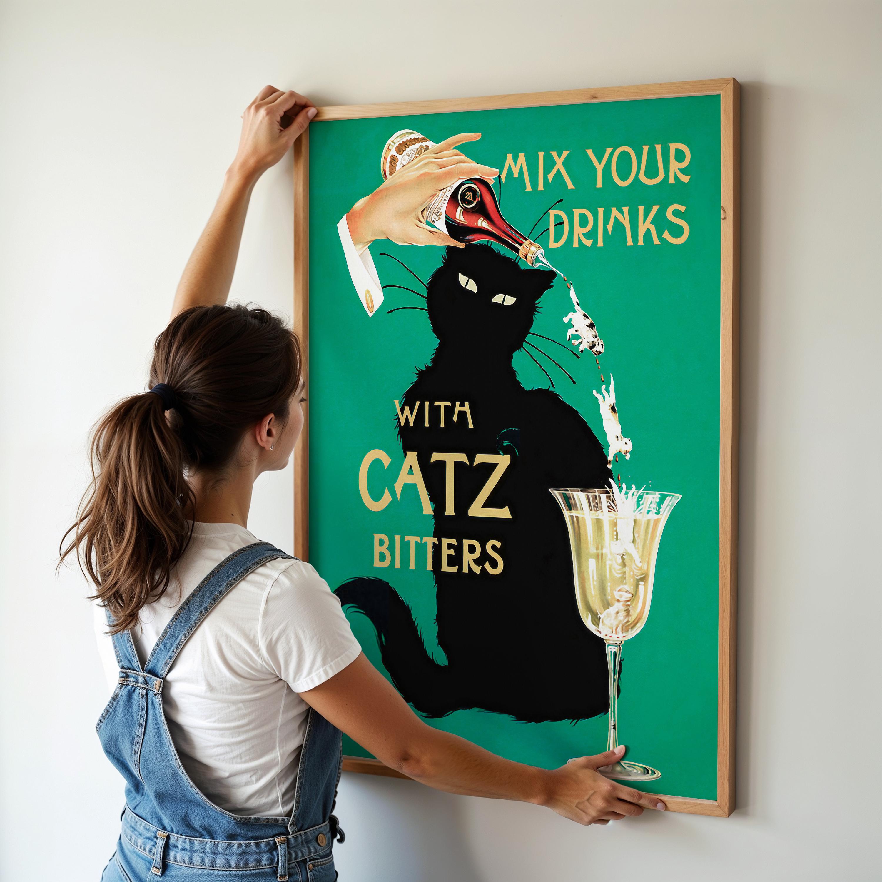 Catz Bitters Vintage Poster: Black Cat Bar Cart Decor (digital