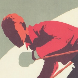 May include: Vintage illustration of a person skiing downhill, rendered in a retro style. The skier is wearing a red jacket and is bent over, with skis visible. The background is a muted green and white.