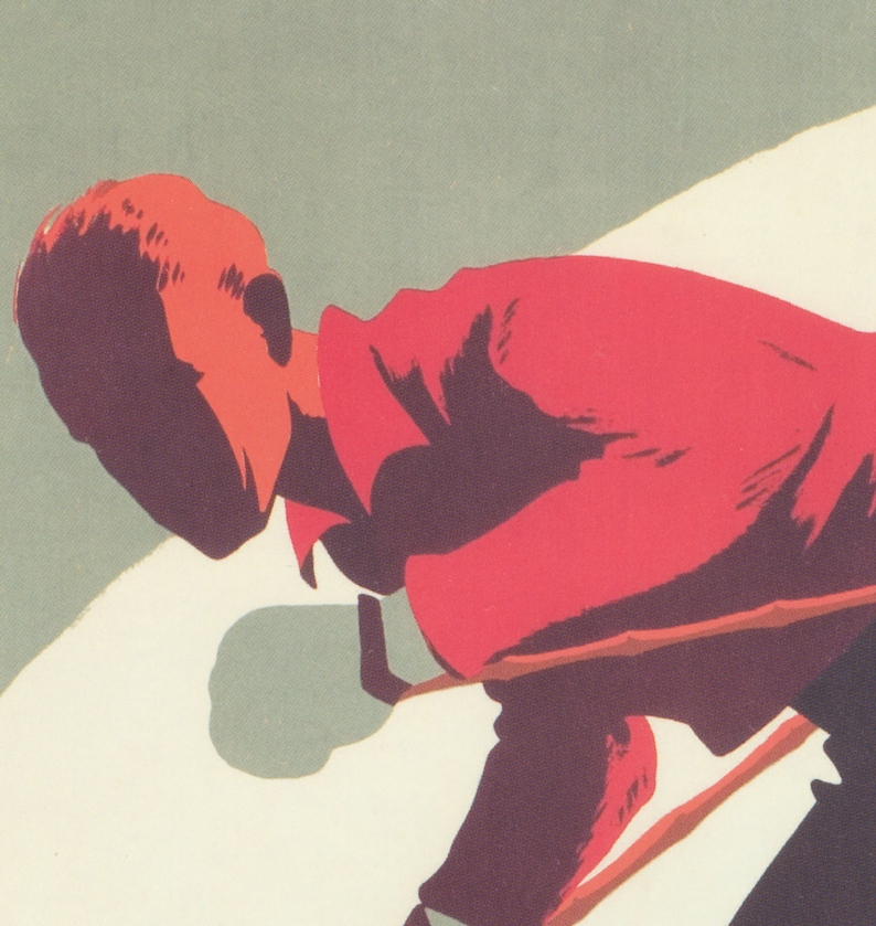 May include: Vintage illustration of a person skiing downhill, rendered in a retro style. The skier is wearing a red jacket and is bent over, with skis visible. The background is a muted green and white.