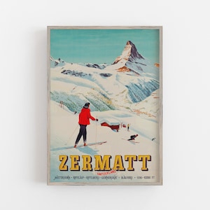 Zermatt Schweiz Print, Matterhorn Print, Vintage Ski Poster, Reise Poster, Retro Wand-Dekor, DRUCKBARE Kunst, große Wandkunst