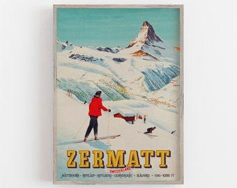 Póster vintage de esquí de Zermatt, Suiza: Impresión de viaje al Matterhorn (descarga digital)
