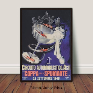 Vintage Wandkunst, Sportdruck, Autorennen, Champagnerglas Kunst, wunderliche Wandkunst, Italien Kunst, DIGITAL DOWNLOAD, DRUCKBARE Kunst Große Wandkunst
