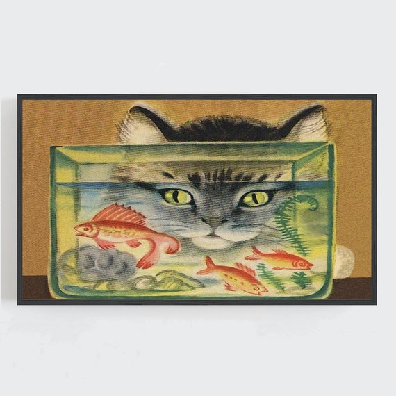 ネコ 絵画アート 油絵 金魚 猫 アート 20 20cm 黒猫と金魚 額縁