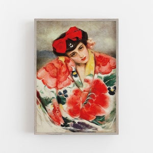 May include: A painting of a woman wearing a red and white patterned kimono with a red bow in her hair. The woman is looking down and her expression is sad.