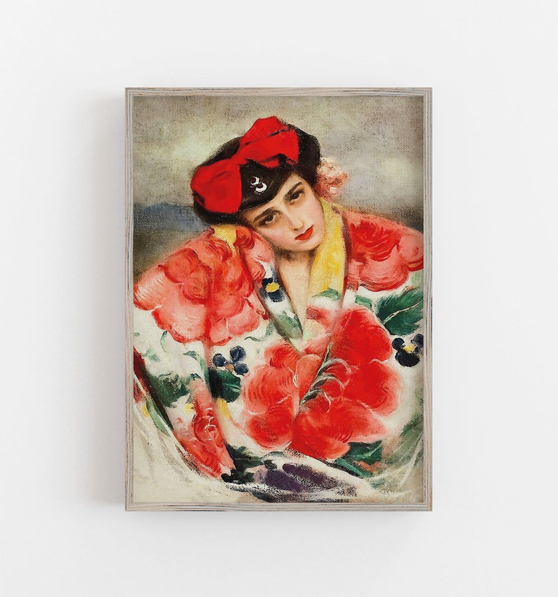 May include: A painting of a woman wearing a red and white patterned kimono with a red bow in her hair. The woman is looking down and her expression is sad.