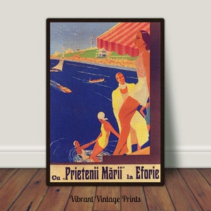 May include: Vintage travel poster featuring a seaside scene with people enjoying the beach and water activities. The poster has a dark brown frame and includes the text "Cu 'Prietenii Mării' la Eforie" and "Vibrant Vintage Prints".