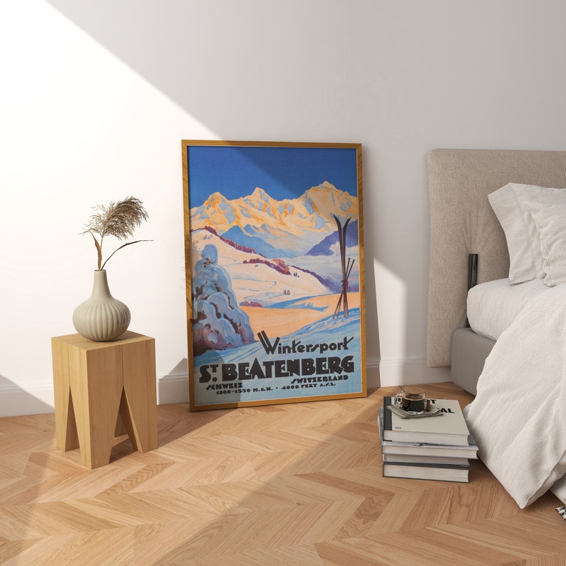 Switzerland Ski Art, St. Beatenberg Switzerland, Vintage Ski Poster