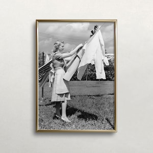 Wydruk z okazji Dnia Prania, sztuka czarno-biała, sztuka ścienna w stylu vintage, sznur do suszenia prania, stare zdjęcie, wystrój pralni CYFROWE POBIERANIE, sztuka ścienna DO DRUKU