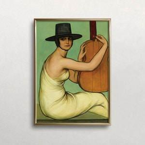 Woman With Guitar | Vintage Wall Art | Woman Portrait | Vintage Woman Art | Colorful Wall Art | Guitar Music Art | PRINTABLE Wall Art #395