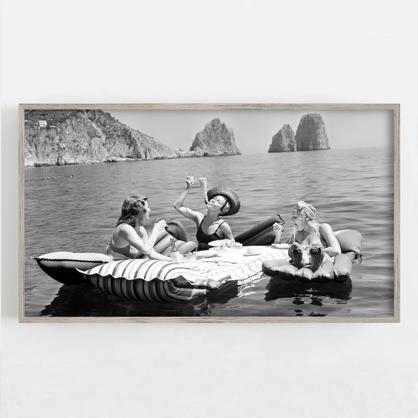 Samsung Frame TV Art, Pasta on Lake, Black and White Art, Vintage Wall Art, Women Eating Pasta, Floats on Lake, Old Photo, Digital DOWNLOAD