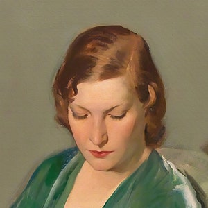May include: A painting of a woman with auburn hair wearing a green velvet robe. She is looking down with a soft expression on her face.