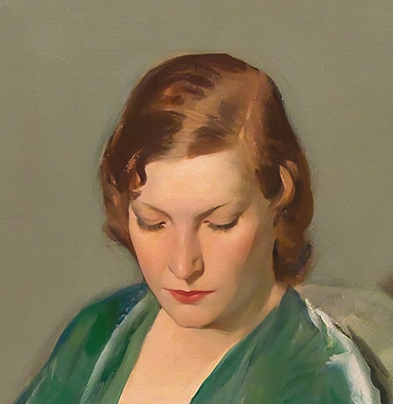 May include: A painting of a woman with auburn hair wearing a green velvet robe. She is looking down with a soft expression on her face.