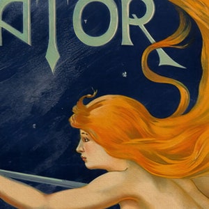 May include: A vintage poster featuring a mermaid with long flowing red hair, swimming through a dark blue starry sky. The word "ATOR" is visible in the upper left corner of the poster.