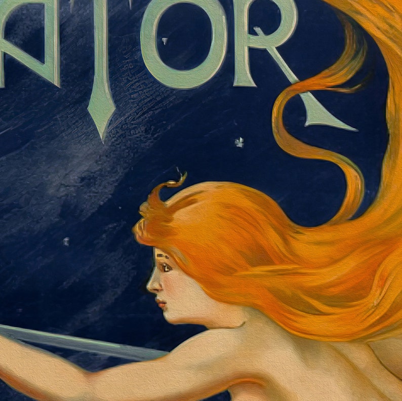 May include: A vintage poster featuring a mermaid with long flowing red hair, swimming through a dark blue starry sky. The word "ATOR" is visible in the upper left corner of the poster.
