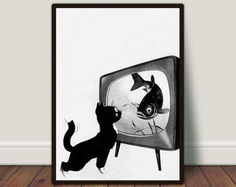 Vintage Tuxedo Cat Art Print, Funny Retro TV, Black and White (Digital Download)