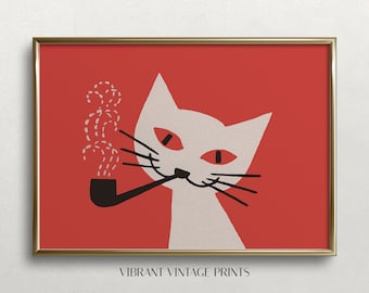 Cat Smoking Pipe, Cat Wall Art, Whimsical Wall Art, Retro Wall Decor, Vintage Wall Art, Funny Wall Art, DOWNLOAD, PRINTABLE Art, Large Art