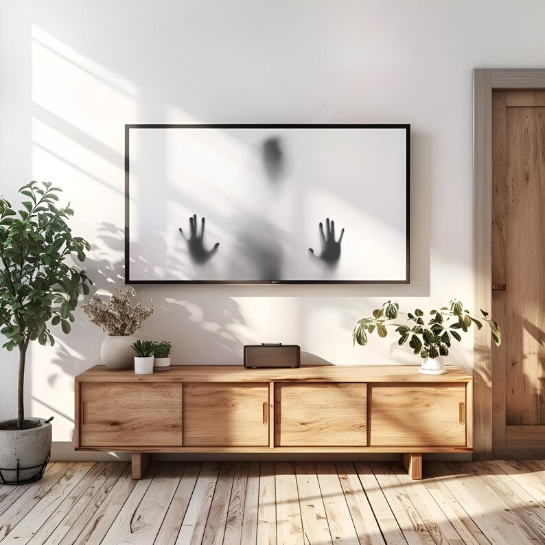 Halloween Frame TV Art, Black and White Art, Hands at Window, Scary