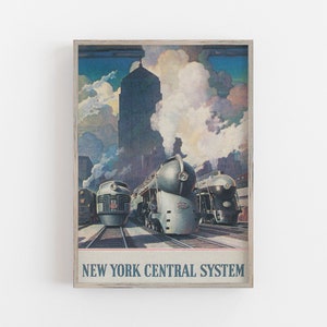 May include: Vintage travel poster featuring a New York Central System train with three locomotives in front of a tall building and clouds. The poster has a blue, white, and red color scheme and the text "NEW YORK CENTRAL SYSTEM".