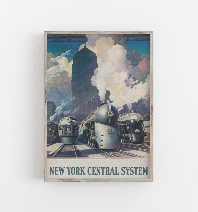 May include: Vintage travel poster featuring a New York Central System train with three locomotives in front of a tall building and clouds. The poster has a blue, white, and red color scheme and the text "NEW YORK CENTRAL SYSTEM".