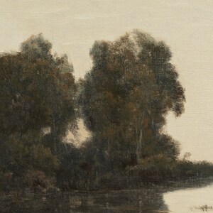 May include: An oil painting depicts a tranquil landscape scene. Dark green and brown trees line the edge of a body of water, reflecting in the calm surface. The sky is a soft, creamy color, creating a serene atmosphere.