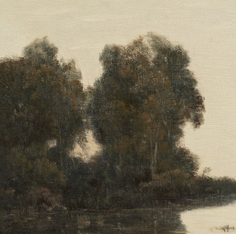 May include: An oil painting depicts a tranquil landscape scene. Dark green and brown trees line the edge of a body of water, reflecting in the calm surface. The sky is a soft, creamy color, creating a serene atmosphere.