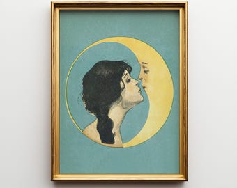 Mujer besando la luna, póster vintage, arte impreso, lámina sin marco.
