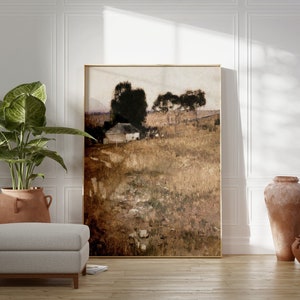 May include: A framed landscape painting of a rural scene with a small house, trees, and a field. The painting is in a light brown frame and is hanging on a white wall. There are two terracotta pots on the floor in front of the painting.