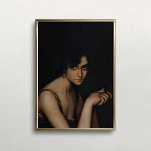 Pode incluir: Uma pintura de uma mulher com cabelo escuro e um vestido verde claro. Ela est&aacute; olhando diretamente para o espectador com uma express&atilde;o s&eacute;ria. O fundo &eacute; escuro.